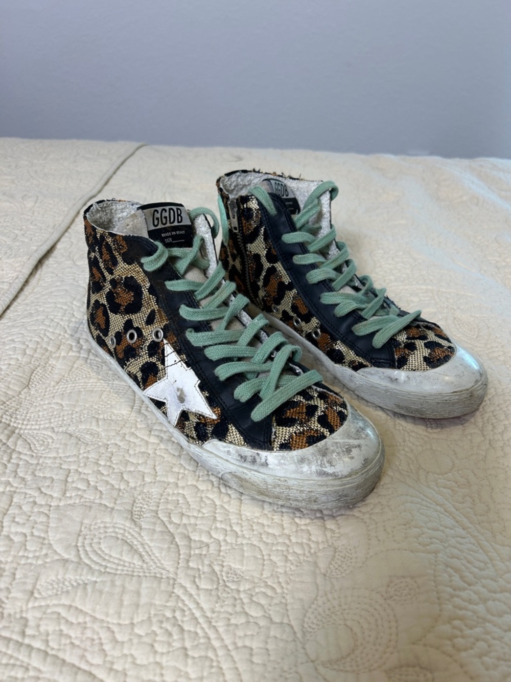 Golden Goose Leopard Print High-Top Sneakers with Mint Laces
